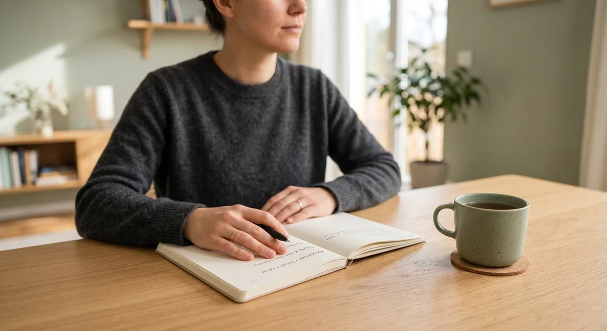 Symbolfoto: Frau sitzt ruhig am Tisch mit Notizbuch und Tee – symbolisch für Klarheit und Erleichterung nach einer Diagnose